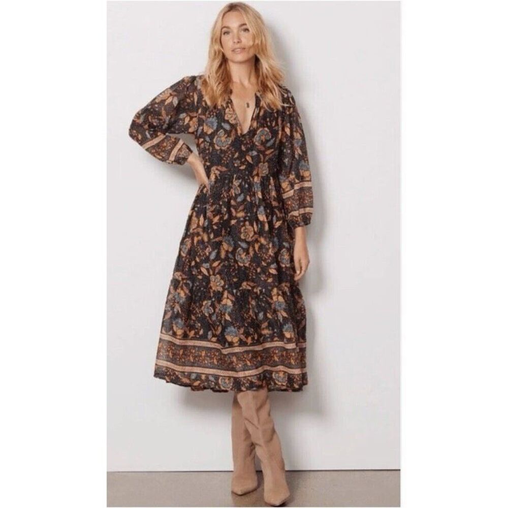 Sundry for Evereve Felicity Black Golden Floral Midi Dress Size 2‎